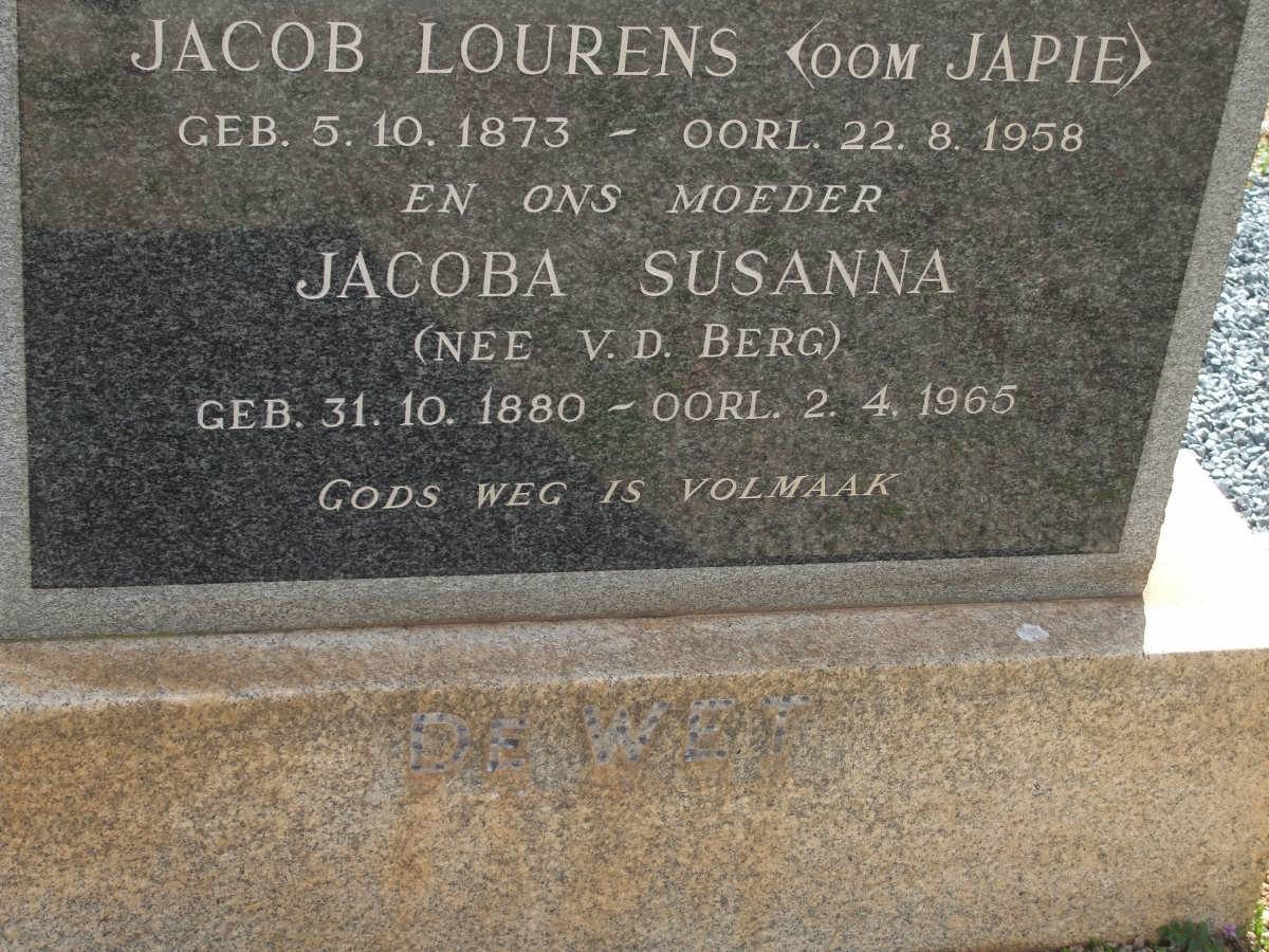 WET Jacob Lourens, de 1873-1958 &amp; Jacoba Susanna V.D. BERG 1880-1965