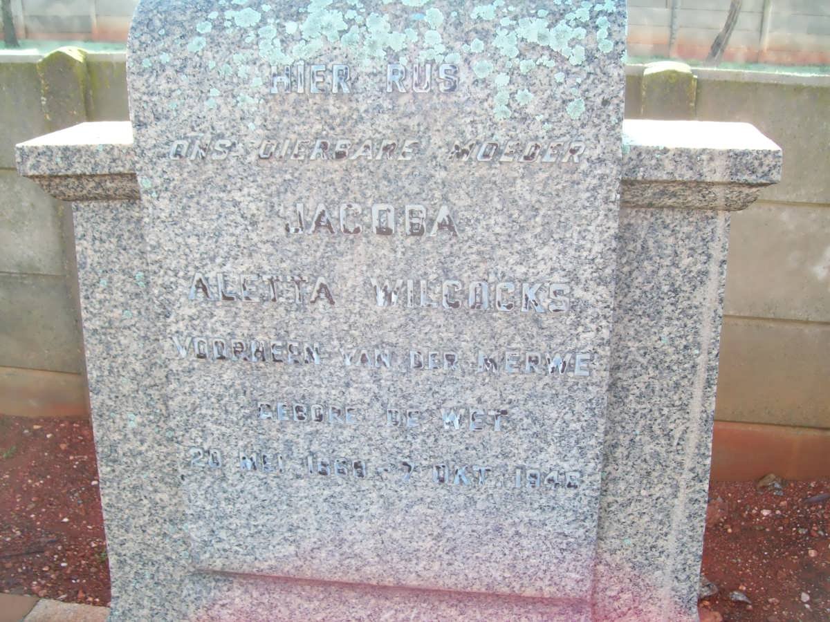 WILCOCKS Jacoba Aletta previously VAN DER MERWE nee DE WET  1868-1946