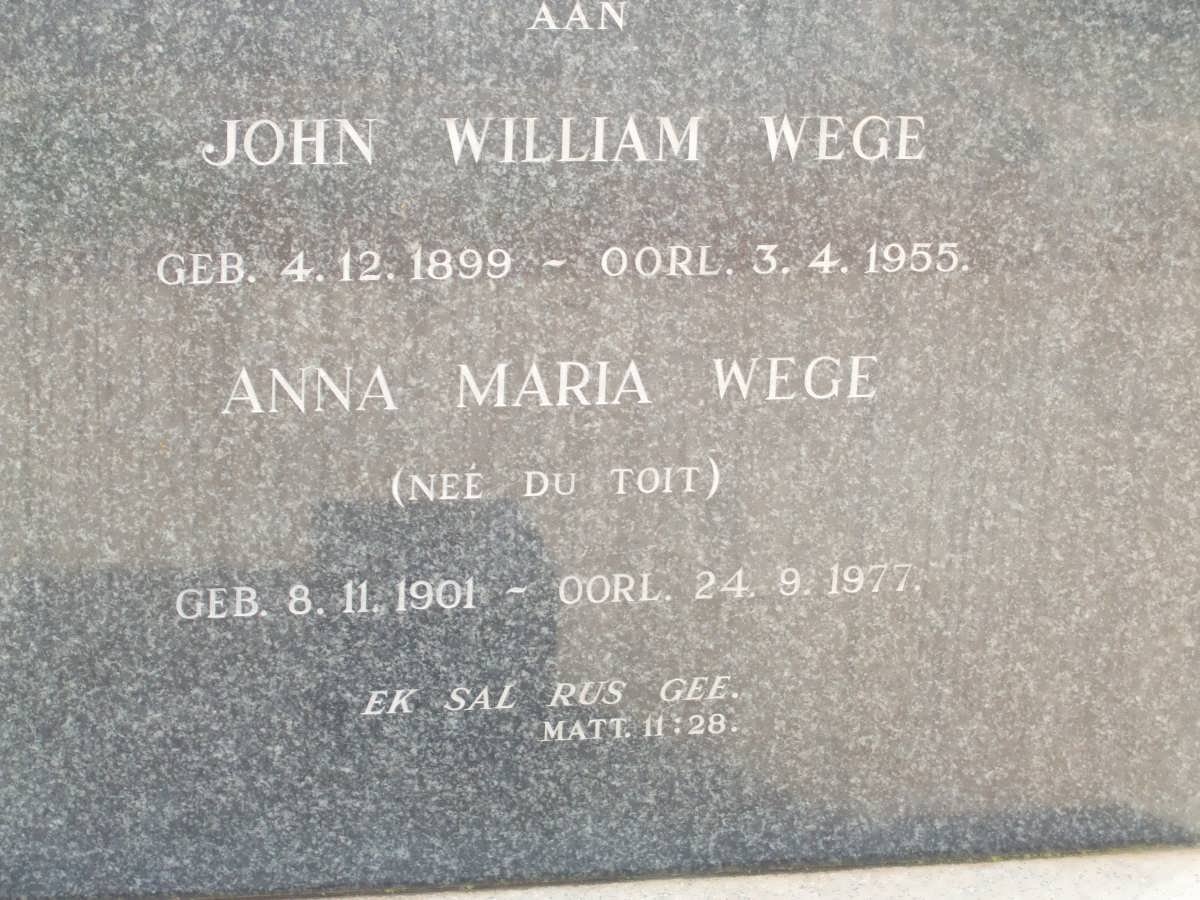 WEGE John William 1899-1955 &amp; Anna Maria DU TOIT 1901-1977