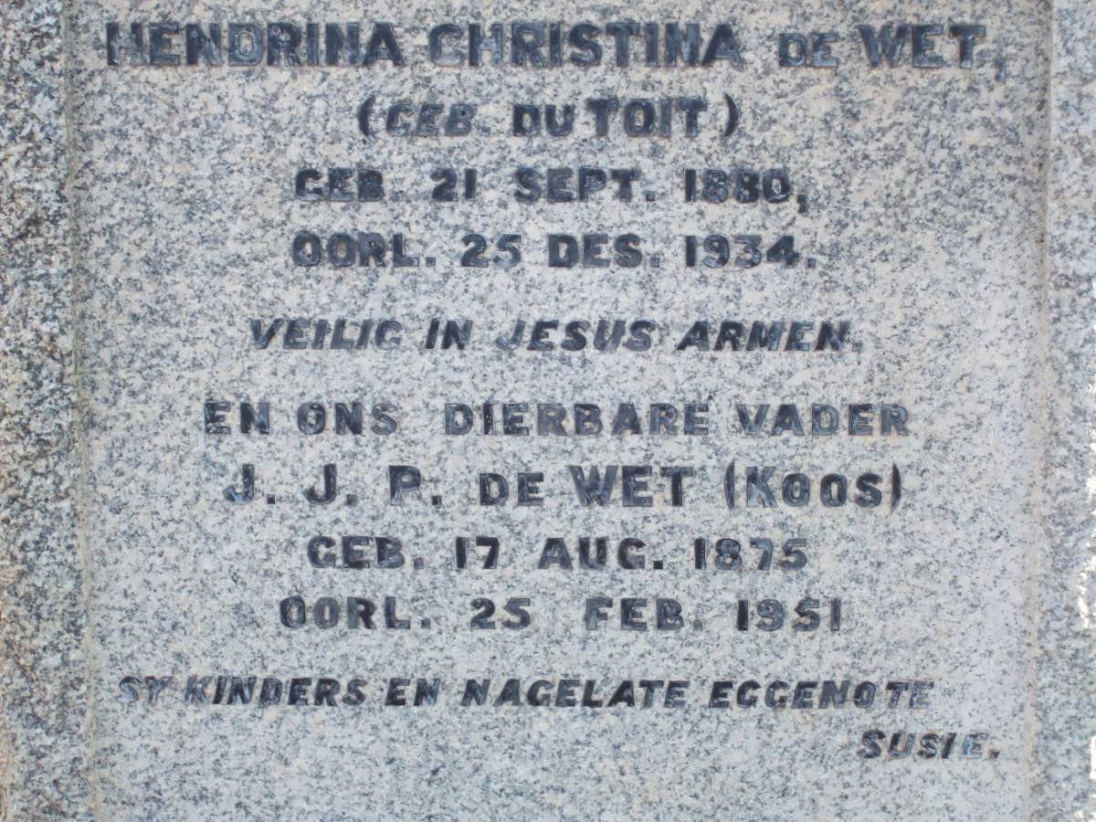 WET J.J.P., de 1875-1951 &amp; Hendrina Christina DU TOIT 1880-1934