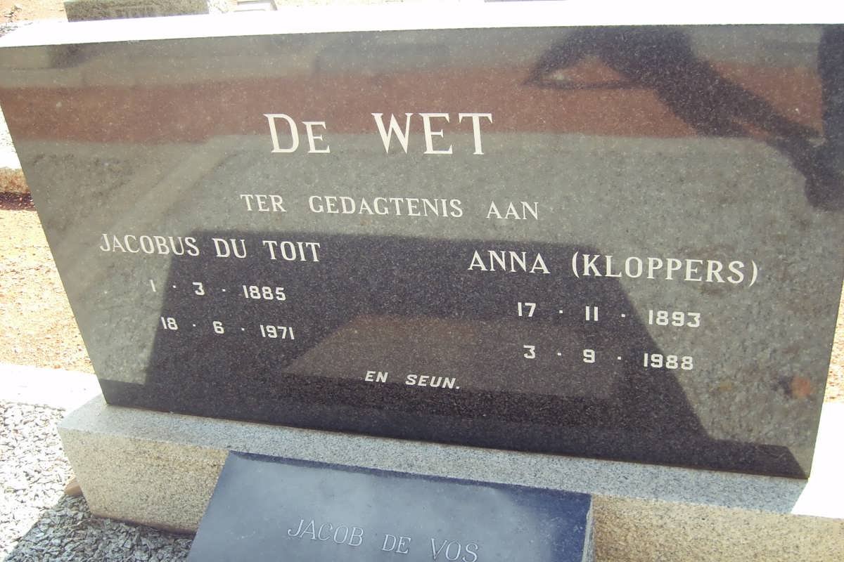 WET Jacobus du Toit, de 1885-1971 &amp; Anna KLOPPERS 1893-1988