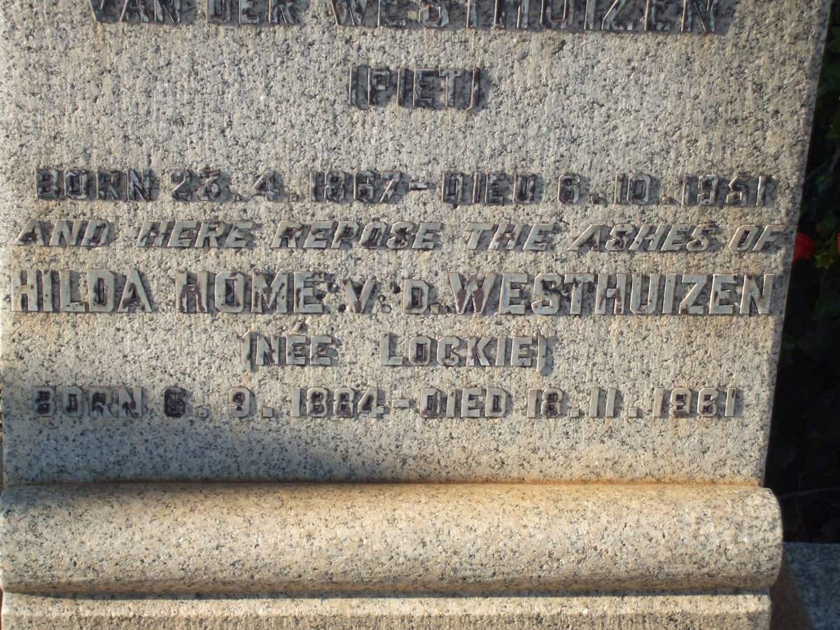 WESTHUIZEN Petrus Benjamin, van der 1867-1951 :: V.D. WESTHUIZEN Hilda Home nee LOCKIE 1884-1961