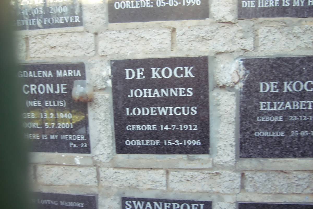 CRONJE Magdalena Maria nee ELLIS 1940-2001 :: DE KOCK Johannes Lodewicus 1912-1996