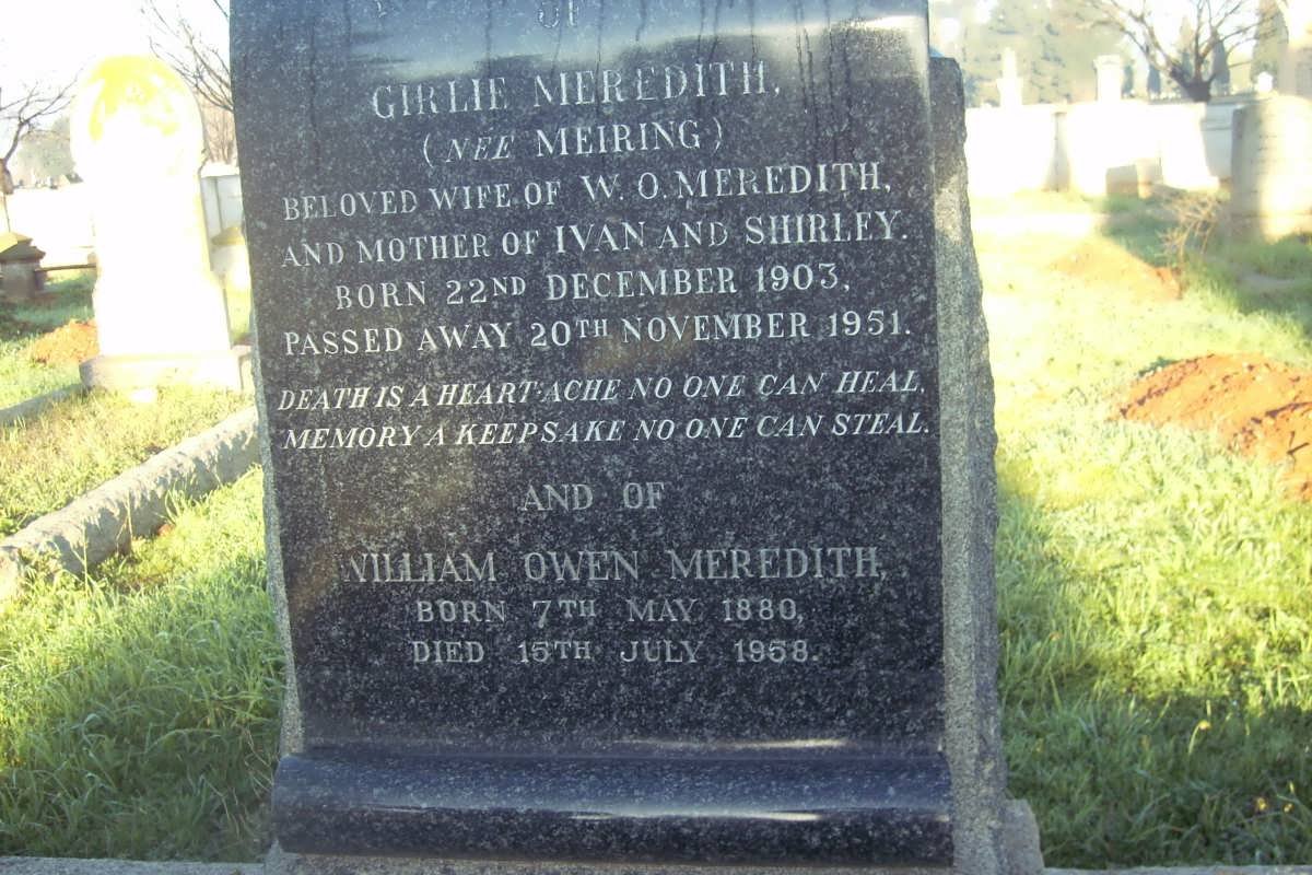 MEREDITH William Owen 1880-1958 &amp; Girlie MEIRING 1903-1951