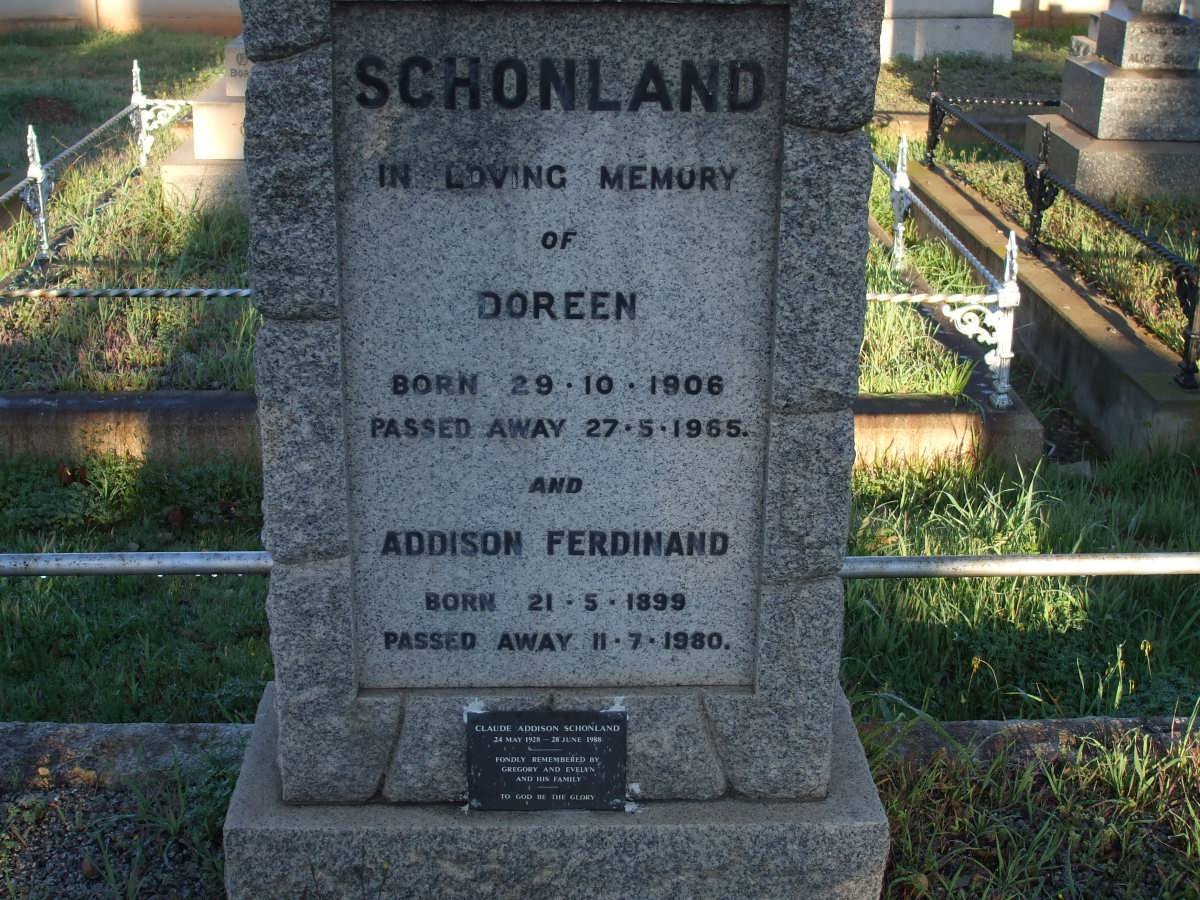 SCHONLAND Addison Ferdinand 1899-1980 &amp; Doreen 1906-1965  :: SCHONLAND Claude Addison 1928-1988