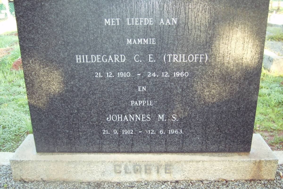 CLOETE Johannes M.S. 1912-1963 &amp; Hildegard C.E. TRILOFF 1910-21960