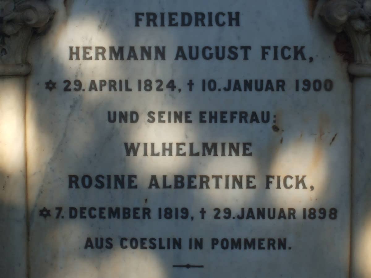 FICK Friedrich Hermann August 1824-1900 &amp; Wilhelmine Rosine Albertine 1819-1898