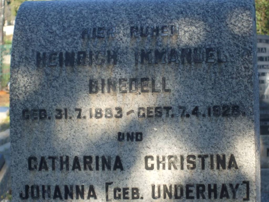 BINEDELL Heinrich Immanuel 1883-1928 &amp; Catharina Christina Johanna UNDERHAY 1887-1949