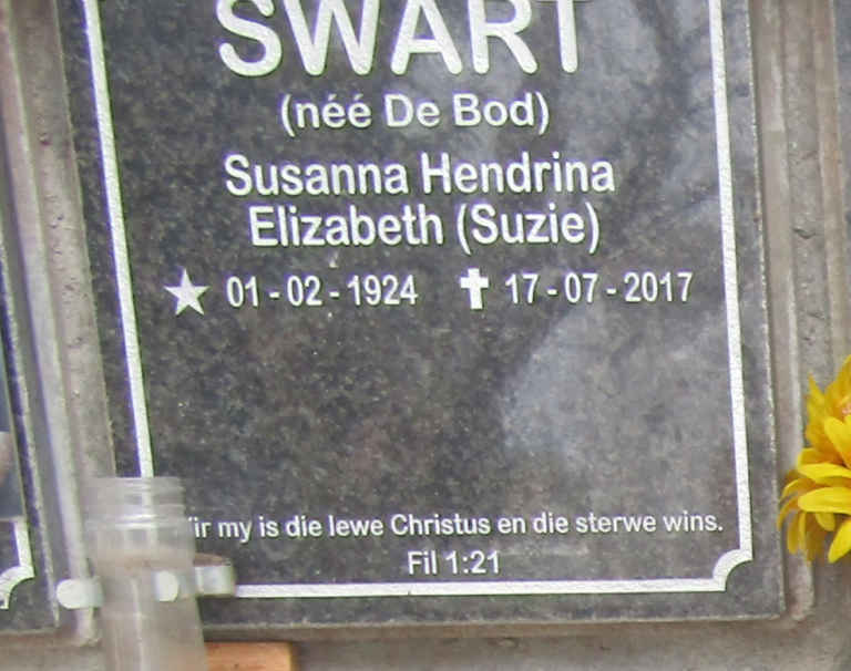SWART Susanna Hendrina Elizabeth nee DE BOD 1924-2017