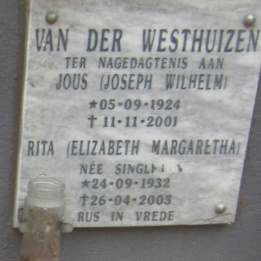 WESTHUIZEN Joseph Wilhelm, van der 1924-2001 & Elizabeth Margaretha SINGLETON 1932-2003