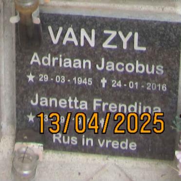 ZYL Adriaan Jacobus, van 1945-2016 en Janetta Frendina 1945-