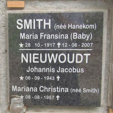 SMITH Maria Fransina nee HANEKOM 1917-2007 :: NIEUWOUDT Johannis Jacobus 1943- & Mariana Christina SMITH 1957-   