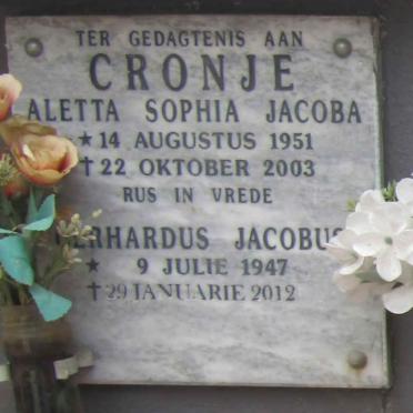CRONJE Gerhardus Jacobus 1947-2012 & Aletta Sophia Jacoba 1951-2003