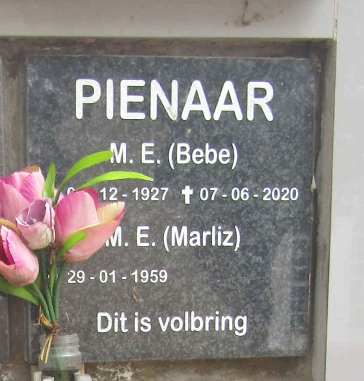 PIENAAR M.E. 1927-2020 & M.E. 1959-