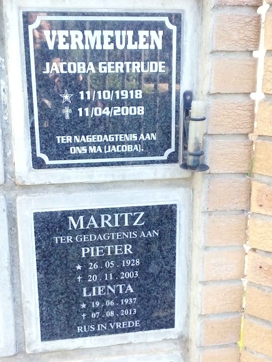 VERMEULEN Jacoba Gertrude 1918-2008 :: MARITZ Pieter 1928-2003 & Lienta 1937-2013