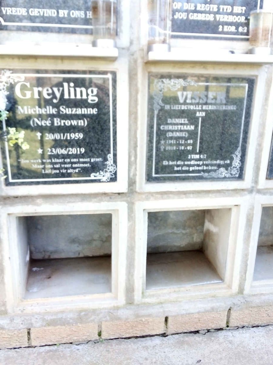 GREYLING Michelle Suzanne nee BROWN 1959-2019 :: VISSER Daniel Christiaan 1941-201?