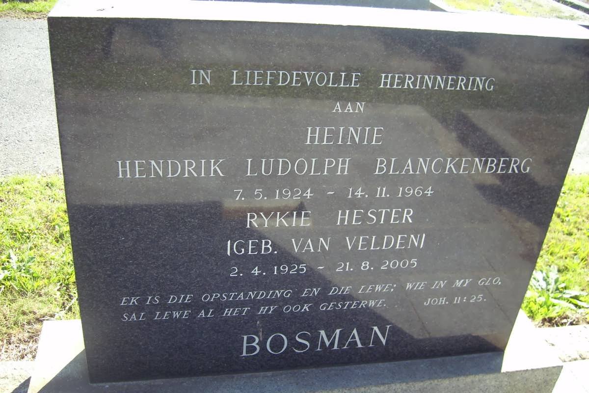 BOSMAN Heinie Hendrik Ludolph Blackenberg 1924-1964 &amp; Rykie Hester VAN VELDEN 1925-2005