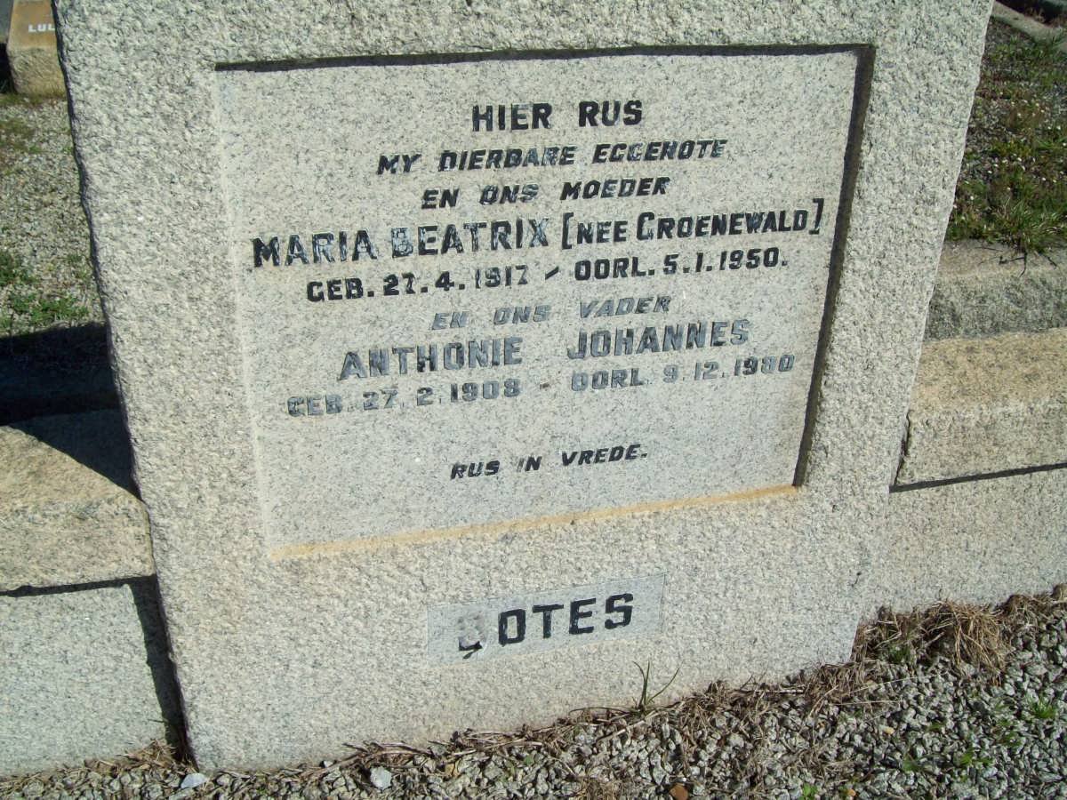 BOTES Anthonie Johannes 1908-1980 &amp; Maria Beatrix GROENEWALD 1917-1950