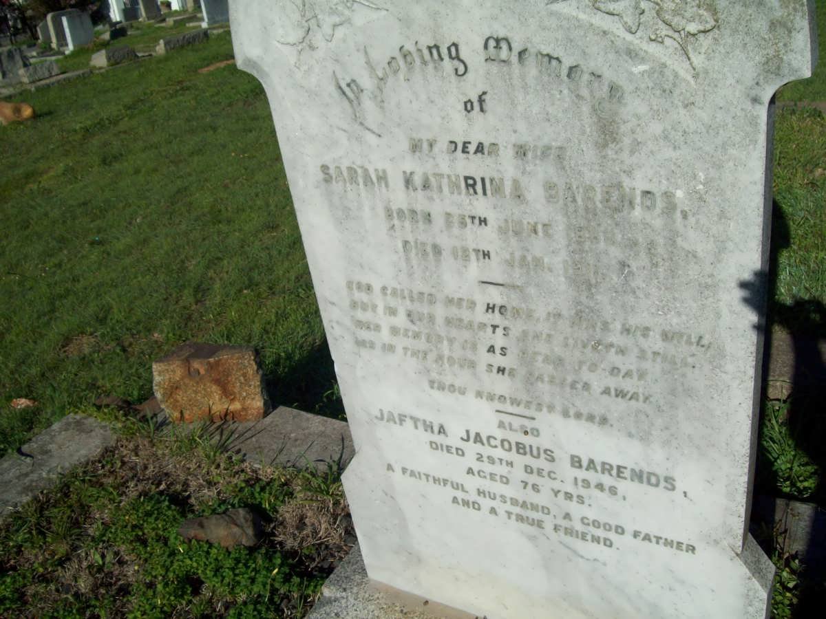 BARENDS Jaftha Jacobus -1946 &amp; Sarah Kathrina 1868-1911
