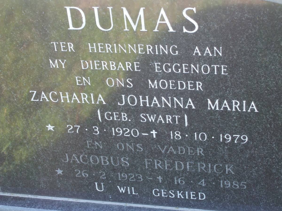 DUMAS Jacobus Frederick 1923-1985 &amp; Zacharia Johanna SWART 1920-1979