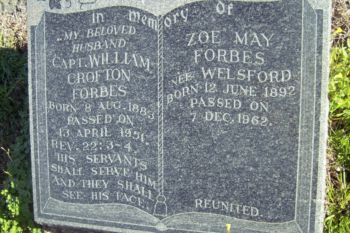FORBES William Crofton 1883-1951 &amp; Zoe May WELSFORD 1892-1962