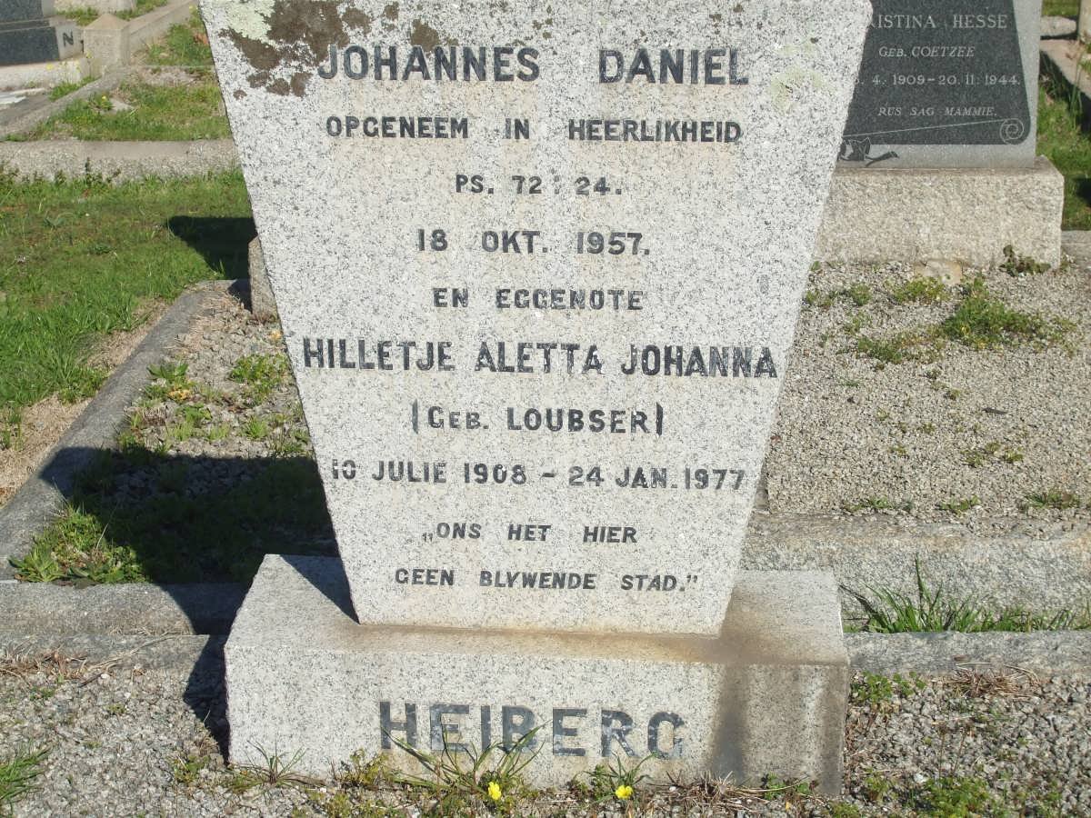 HEIBERG Johannes Daniel -1957 &amp; Hilletjie Aletta Johanna LOUBSER 1908-1977