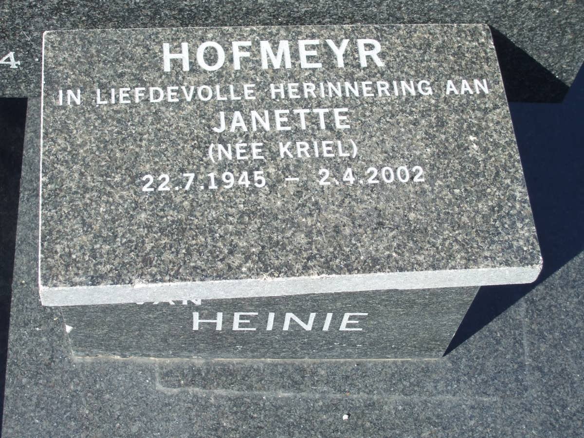 HOFMEYR Janette nee KRIEL 1945-2002