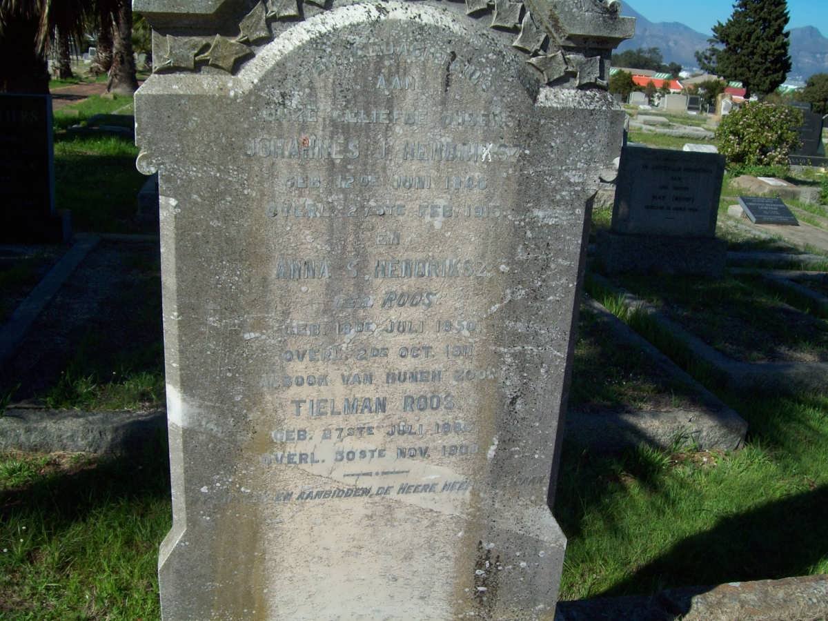 HENDRIKSZ Johannes J. 1846-1915 &amp; Anna S. ROOS 1850-1911 :: HENDRIKSZ Tielman Roos 1888-1908