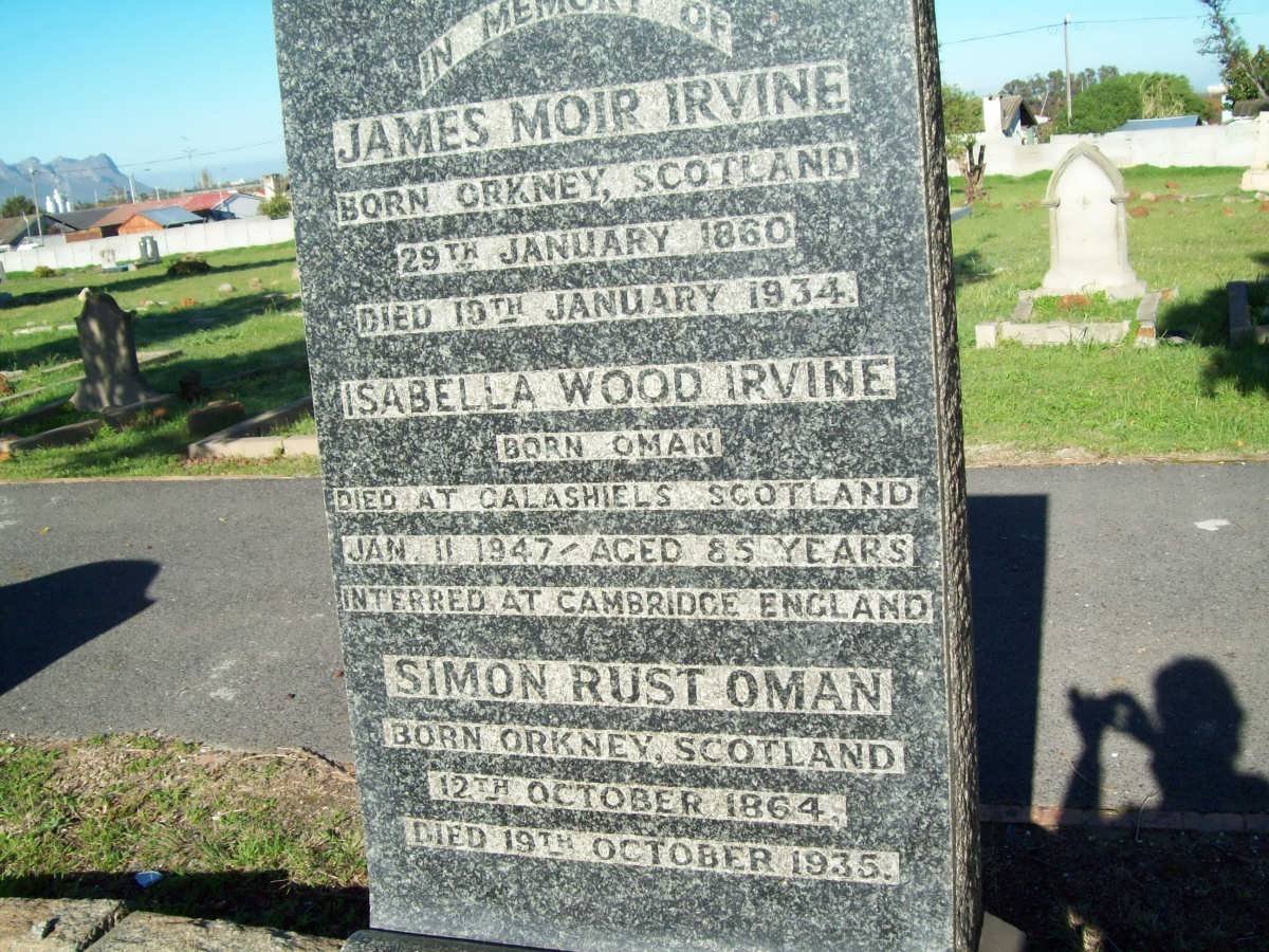 IRVINE James Moir 1860-1934 :: IRVINE Isabella Wood nee OMAN -1947 :: OMAN Simon Rust 1864-1935