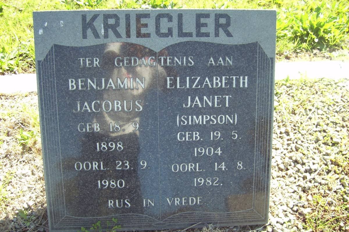KRIEGLER Benjamin Jacobus 1898-1980 &amp; Elizabeth Janet SIMPSON 1904-1982