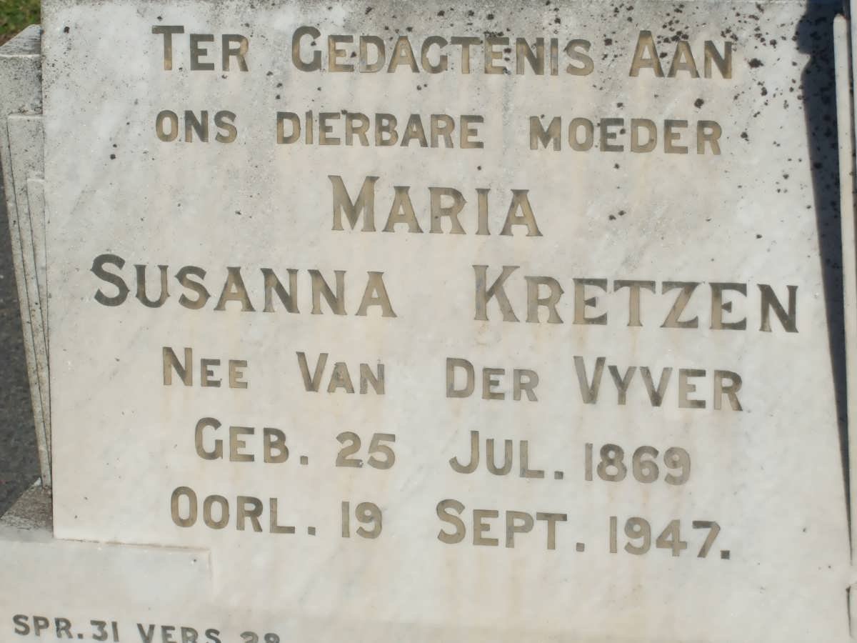 KRETZEN Maria Susanna nee VAN DER VYVER 1869-1947