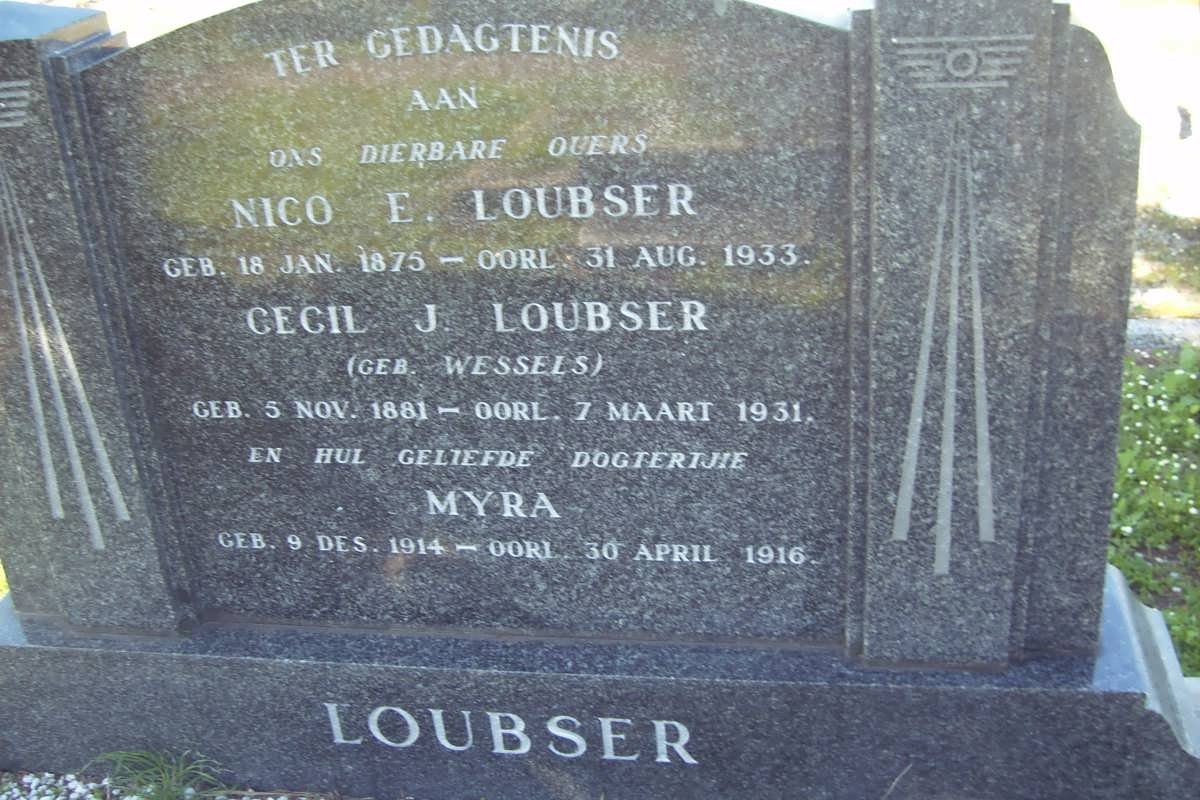 LOUBSER Nico E. 1875-1933 &amp; Cecil J. WESSELS 1881-1931 :: LOUBSER Myra 1914-1916