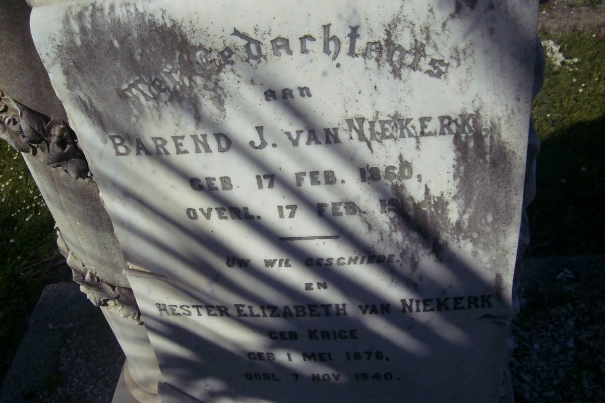 NIEKERK Barend J., van 1860-19?04 &amp; Hester Elizabeth KRIGE 1878-1940