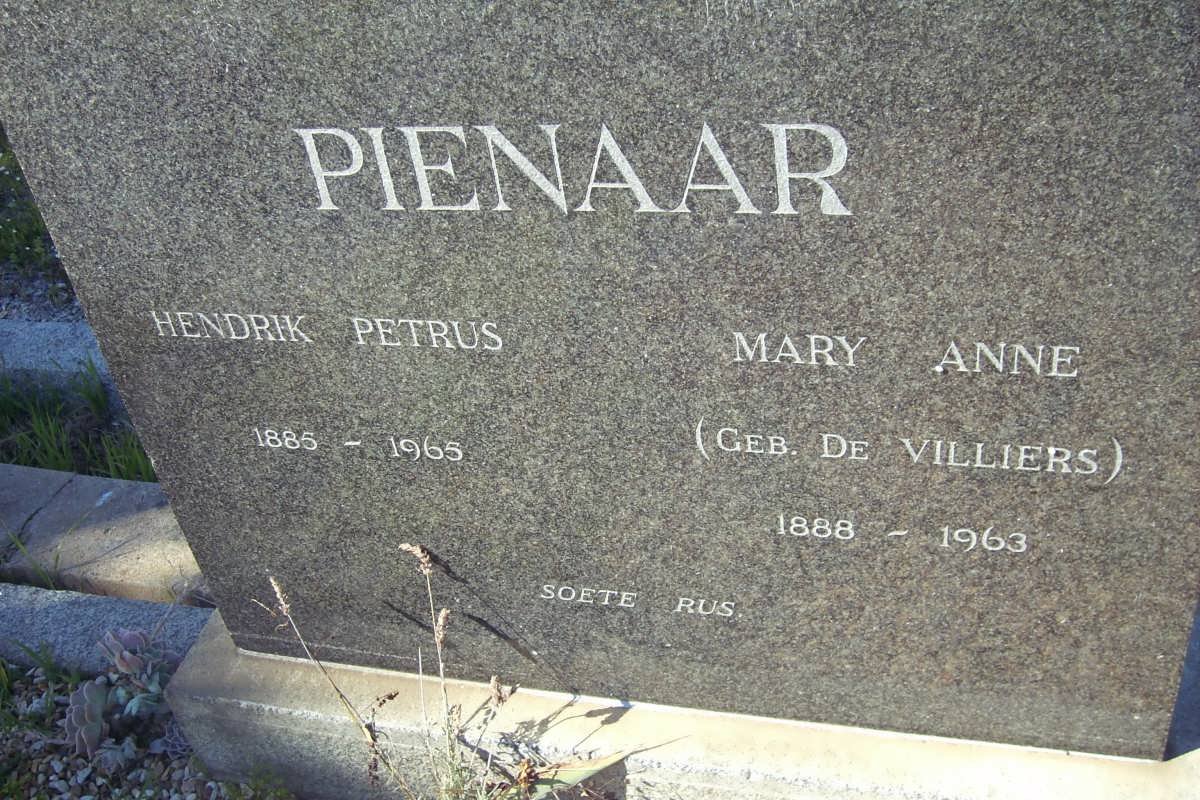 PIENAAR Hendrik Petus 1885-1965 &amp; Mary Anne DE VILLIERS 1888-1963