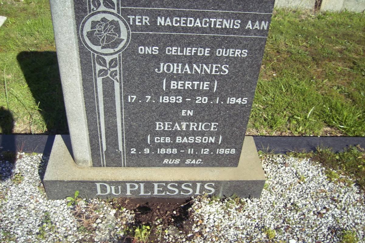 PLESSIS Johannes, du 1893-1945 &amp; Beatrice BASSON 1888-1968