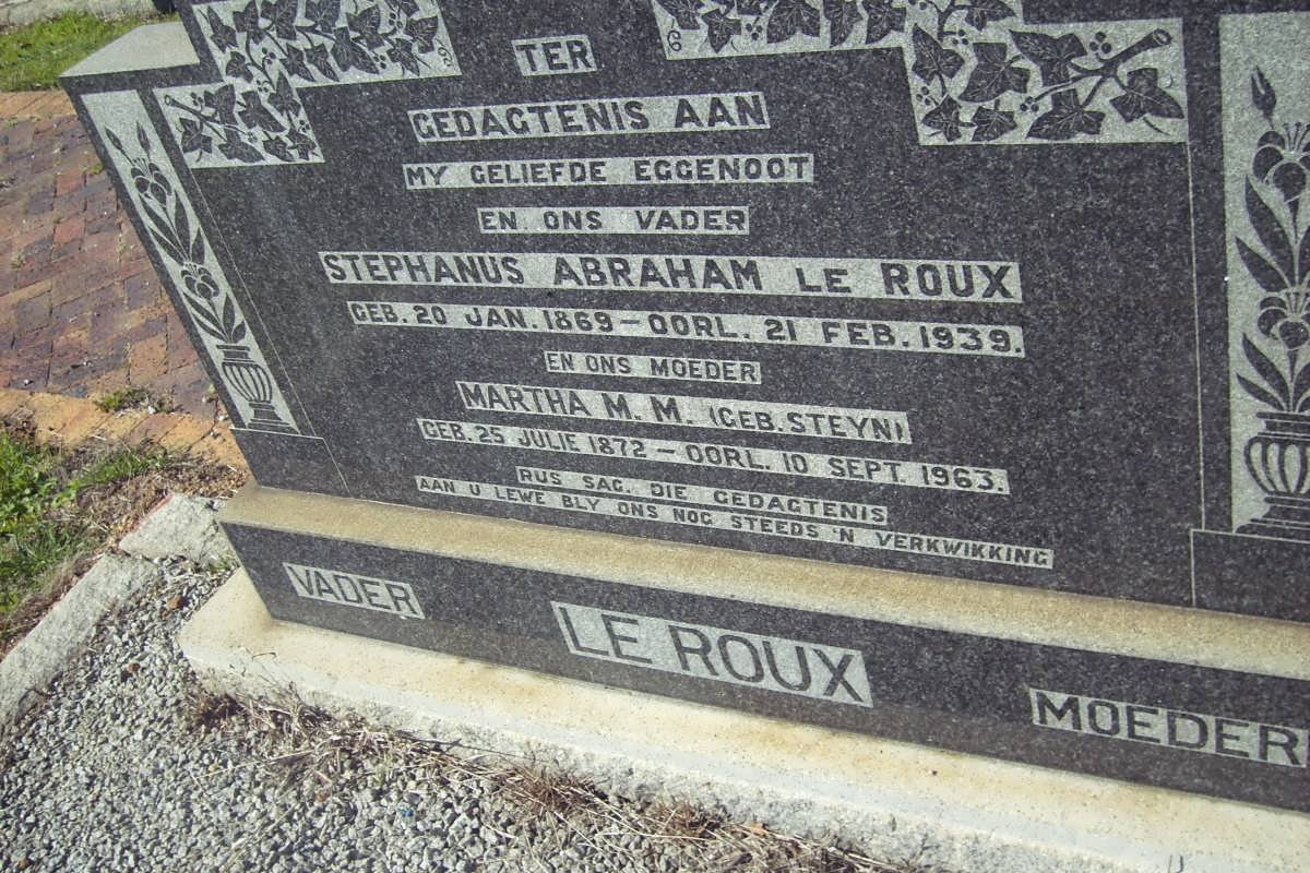 ROUX Stephanus Abraham, le 1869-1939 &amp; Martha M.M. STEYN 1872-1963