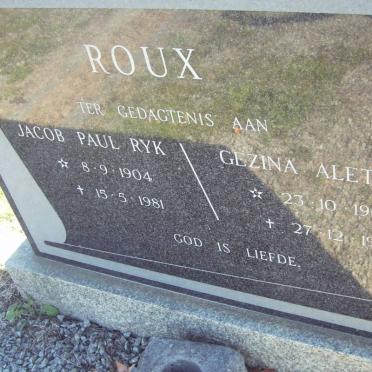 ROUX Jacob Paul Ryk 1904-1981 &amp; Gezina Aletta 1900-1994