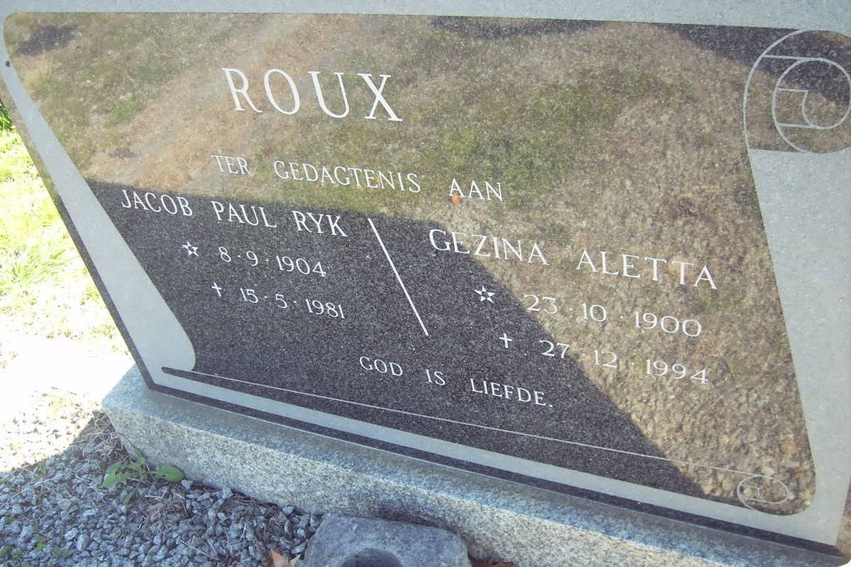 ROUX Jacob Paul Ryk 1904-1981 &amp; Gezina Aletta 1900-1994