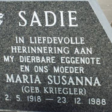 SADIE Maria Susanna nee KRIEGLER 1918-1988