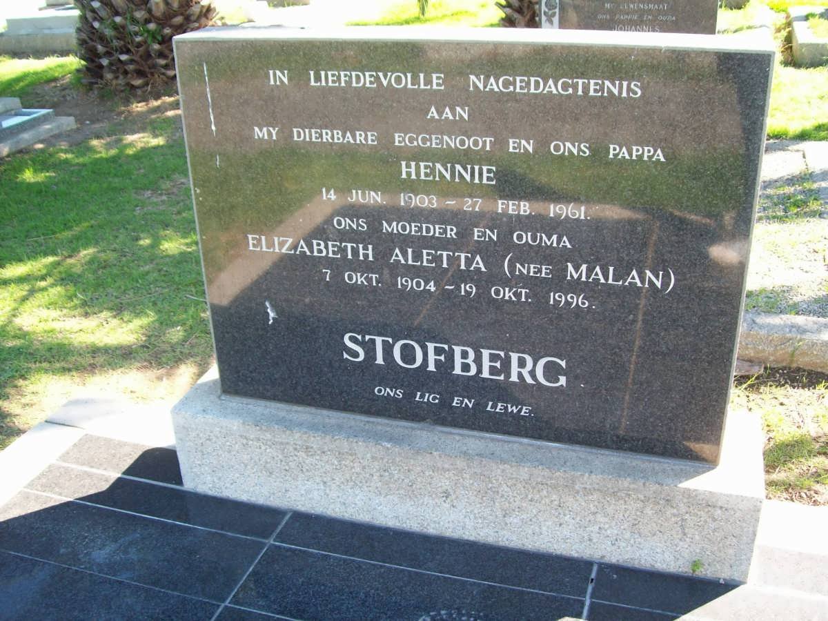 STOFBERG Hennie 1903-1961 &amp; Elizabeth Aletta MALAN 1904-1996