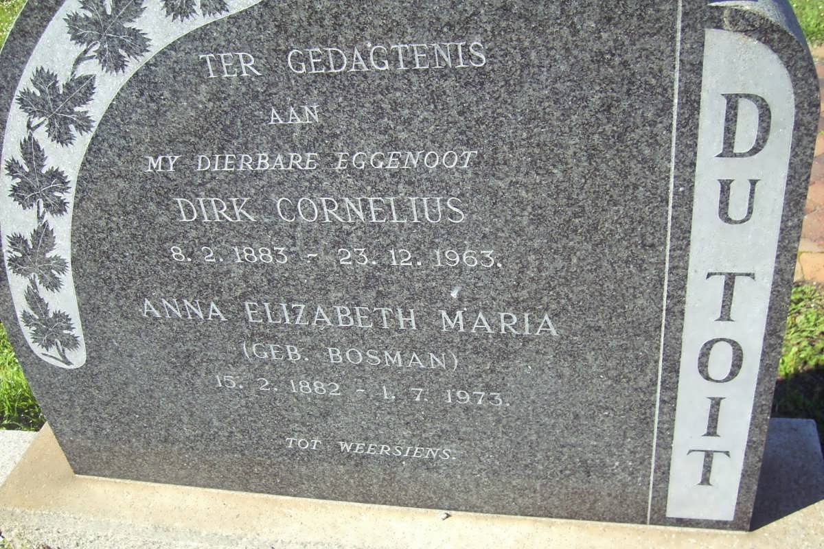 TOIT Dirk Cornelius, du 1883-1963 &amp; Anna Elizabeth Maria BOSMAN 1882-1973