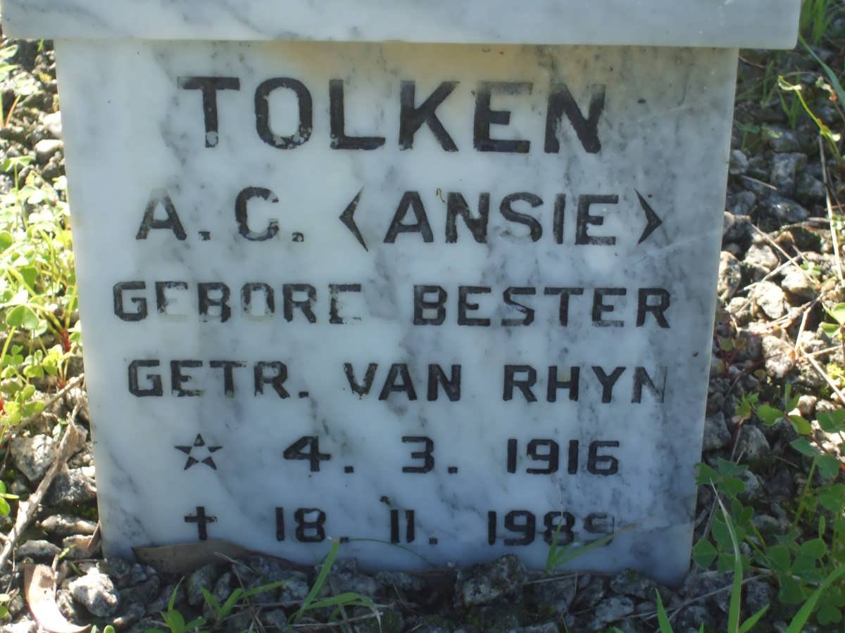 TOLKEN A.C previously VAN RHYN nee BESTER 1916-1989
