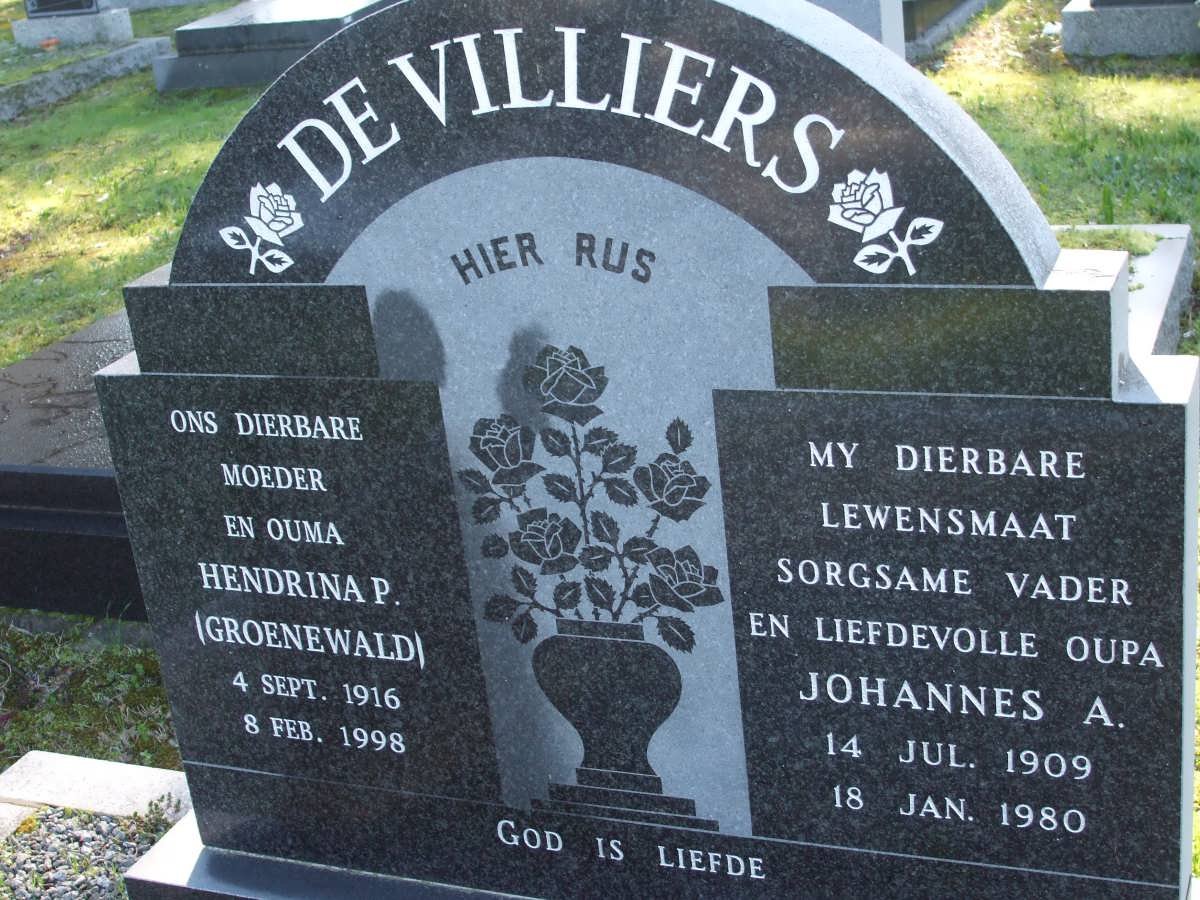 VILLIERS Johannes A., de 1909-1980 &amp; Hendrina P. GROENEWALD 1916-1998